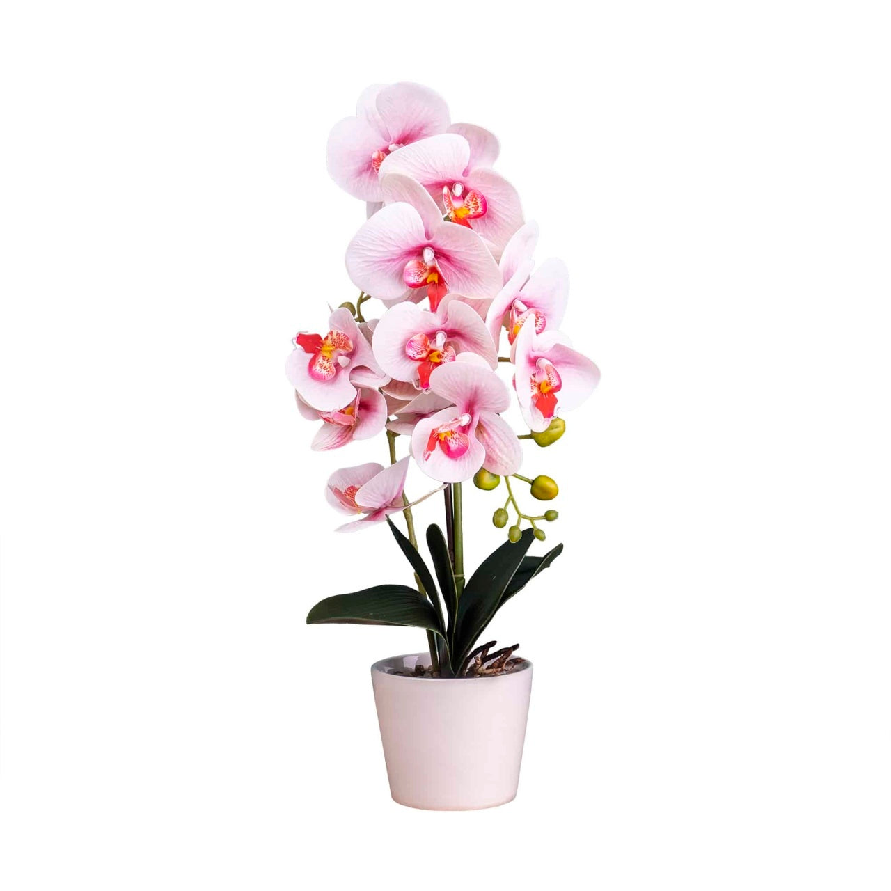 Orhidee artificiala in ghiveci ceramic alb, inaltime 47 cm, roz pal