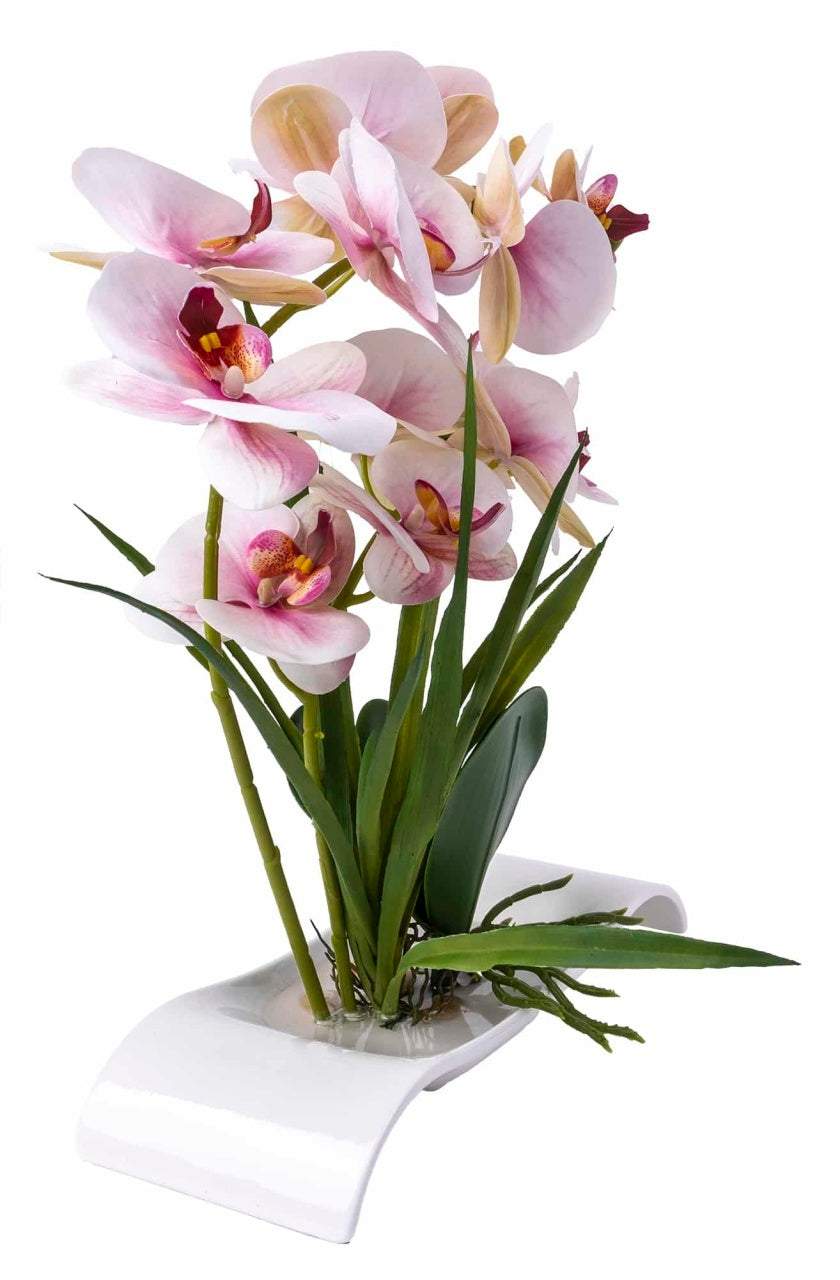 Orhidee artificiala in ghiveci ceramica alb, H 40 cm, aspect natural