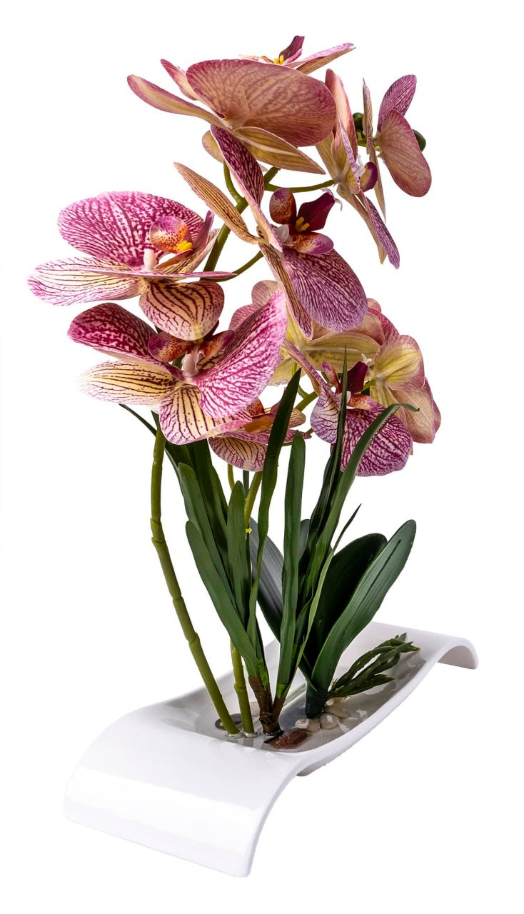 Orhidee artificiala in ghiveci dreptunghiular ceramic alb, H 40 cm