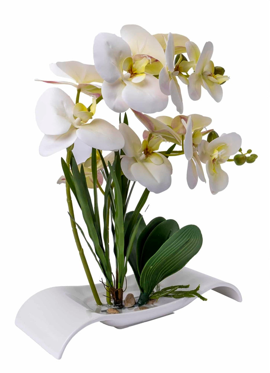 Orhidee artificiala in ghiveci dreptunghiular ceramic alb, inaltime 40 cm