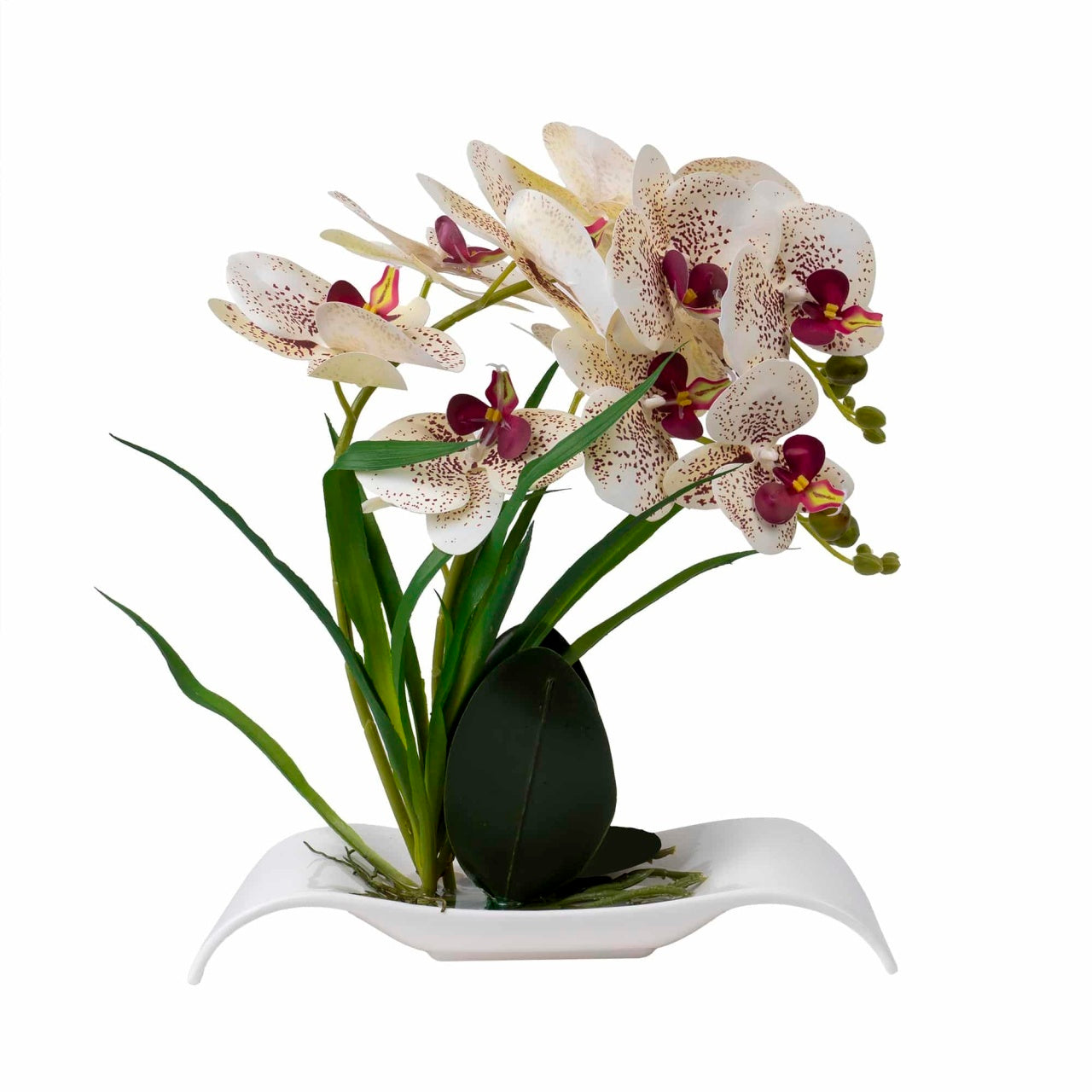 Orhidee artificiala in ghiveci dreptunghiular ceramica alba, H 40 cm