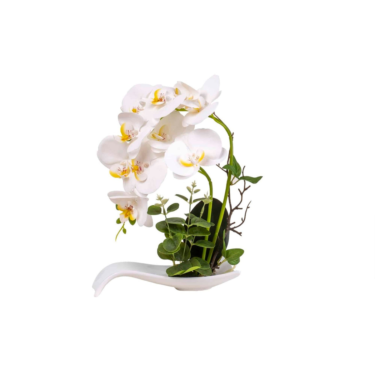 Orhidee cu aspect natural in ghiveci dreptunghiular ceramica alba, H 33 cm