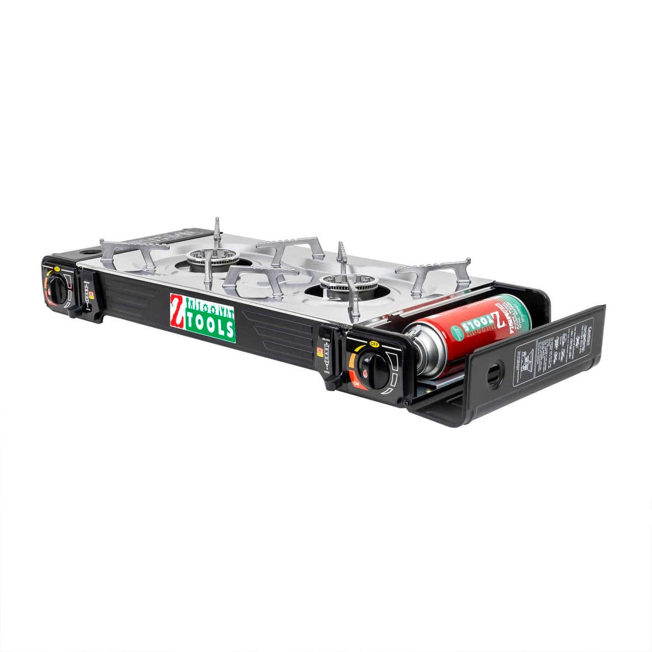 Pachet aragaz camping 2 ochiuri inox cu aprindere electrica si 4 butelii 410ml