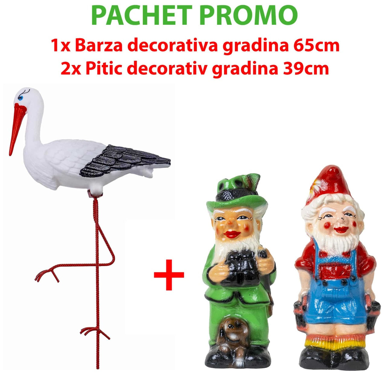 Pachet decor gradina - Barza 65cm si 2 Pitici 39cm din plastic si metal