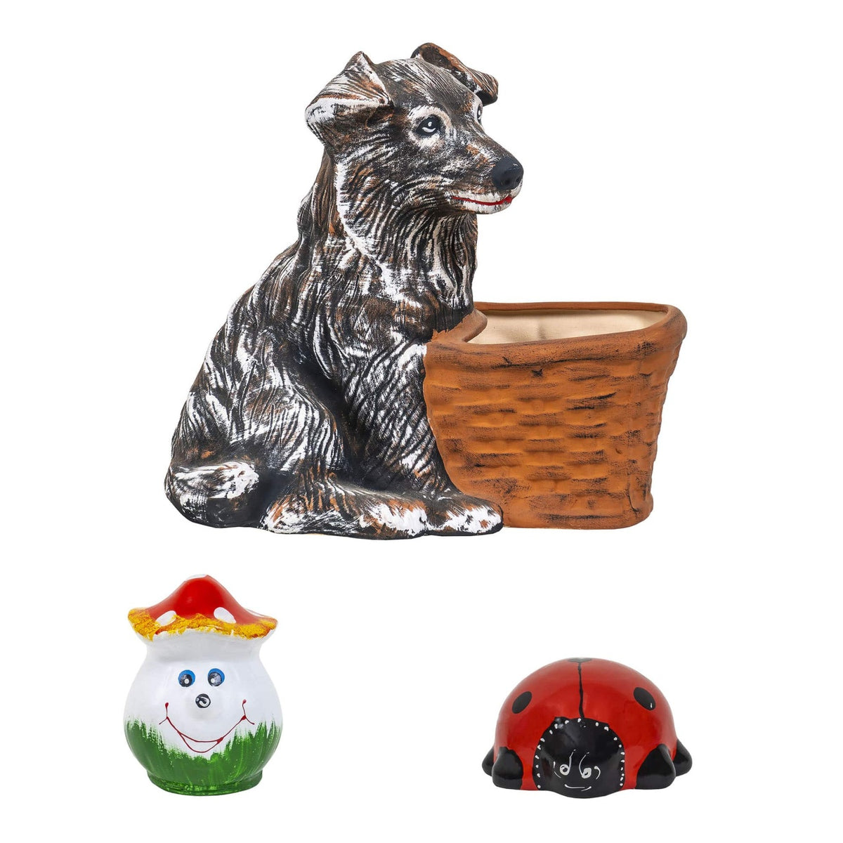 Pachet decor gradina ceramica cu catel suport flori, ciuperca si buburuza