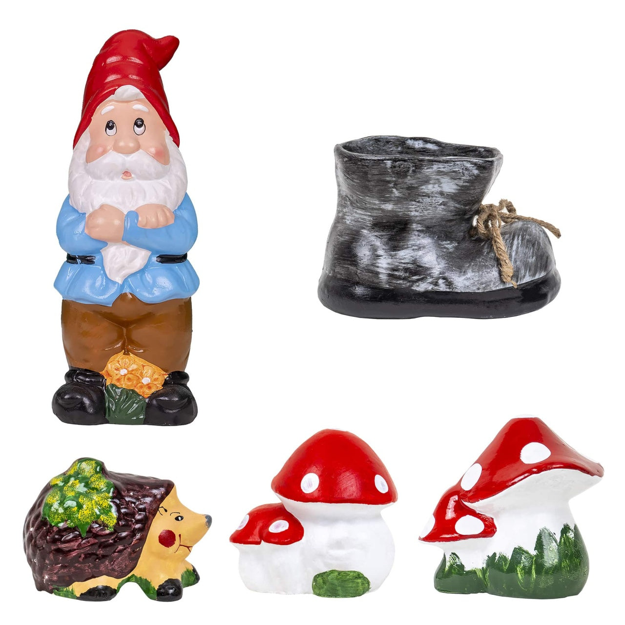 Pachet decor gradina ceramica cu pitic, arici, 2 ciuperci si bocanc pentru flori