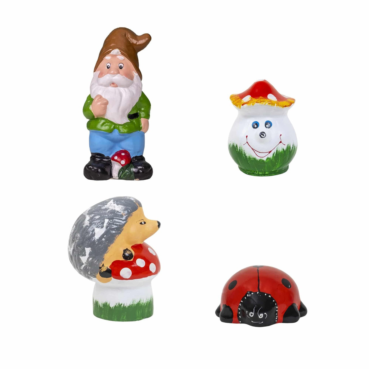 Pachet decor gradina ceramica cu pitic, ciuperca, buburuza si arici