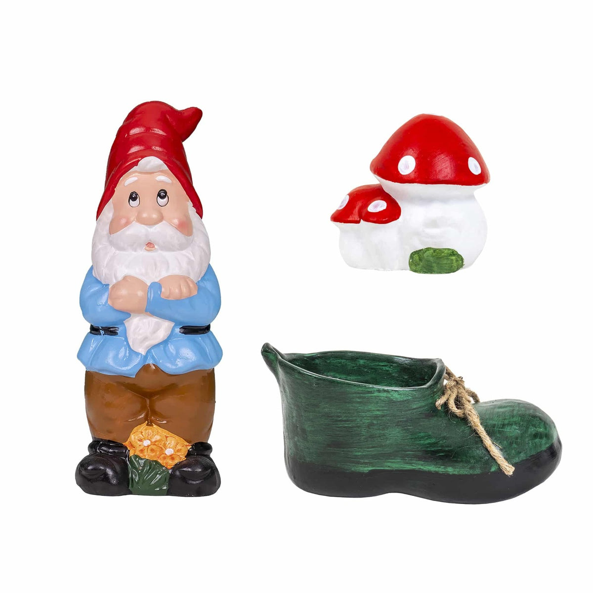 Pachet decor gradina ceramica cu pitic, ciuperca si bocanc pentru flori