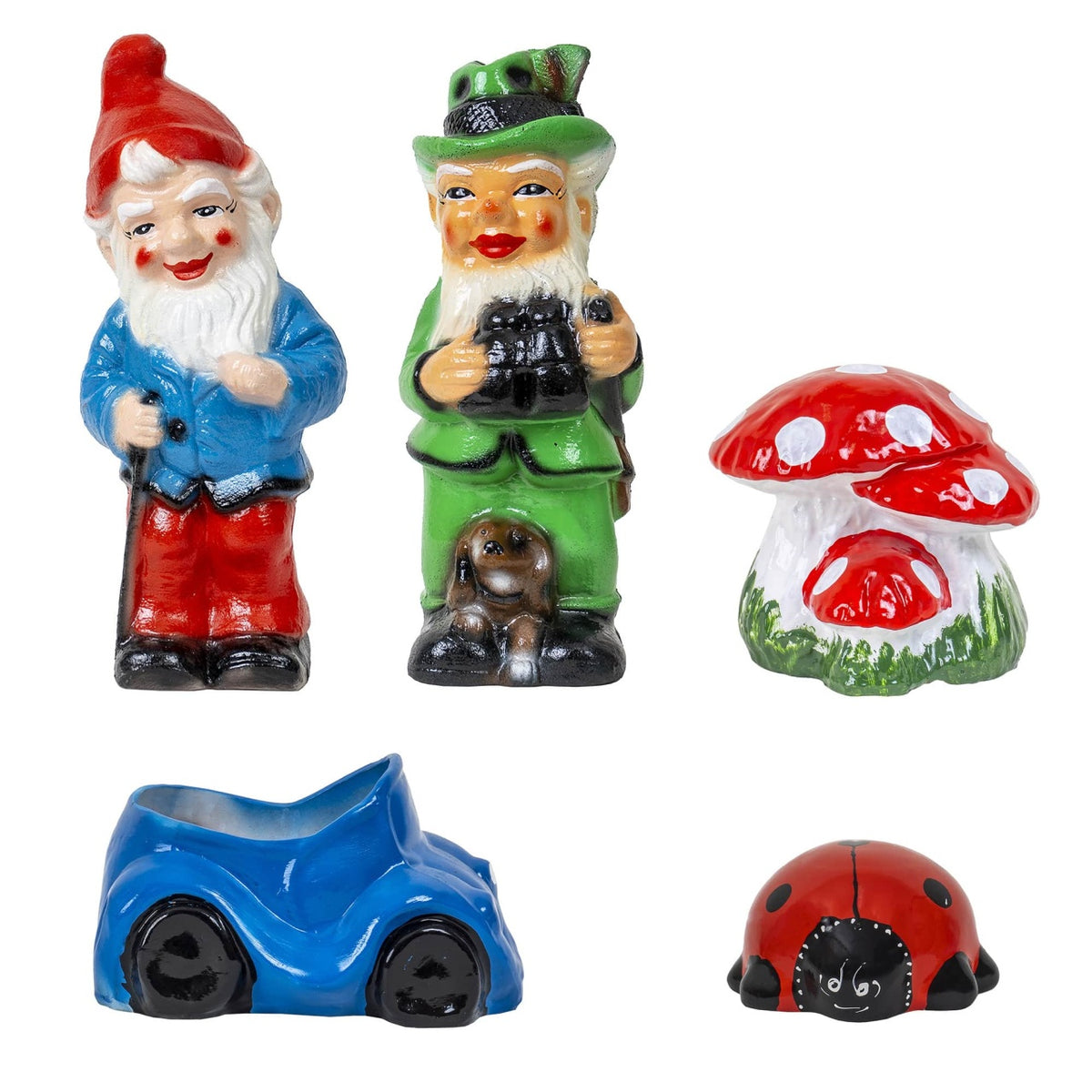 Pachet decor gradina cu 2 pitici, masinuta, ciuperca si buburuza din ceramica si plastic