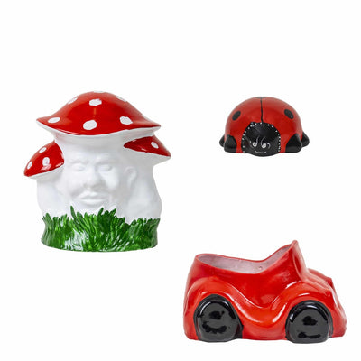 Pachet decor gradina cu ciuperca, buburuza si masinuta din ceramica