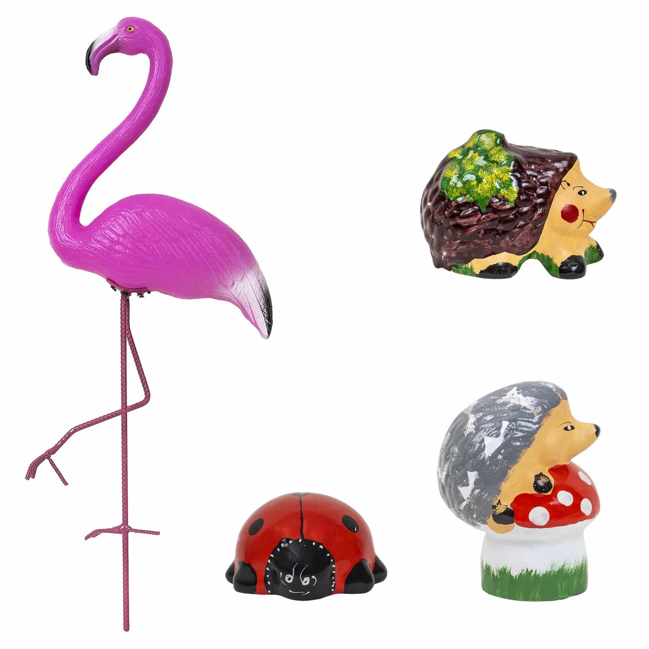 Pachet decor gradina cu flamingo, buburuza si 2 arici din ceramica si plastic