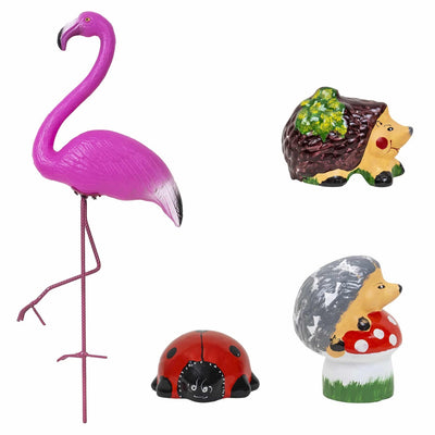 Pachet decor gradina cu flamingo, buburuza si 2 arici din ceramica si plastic
