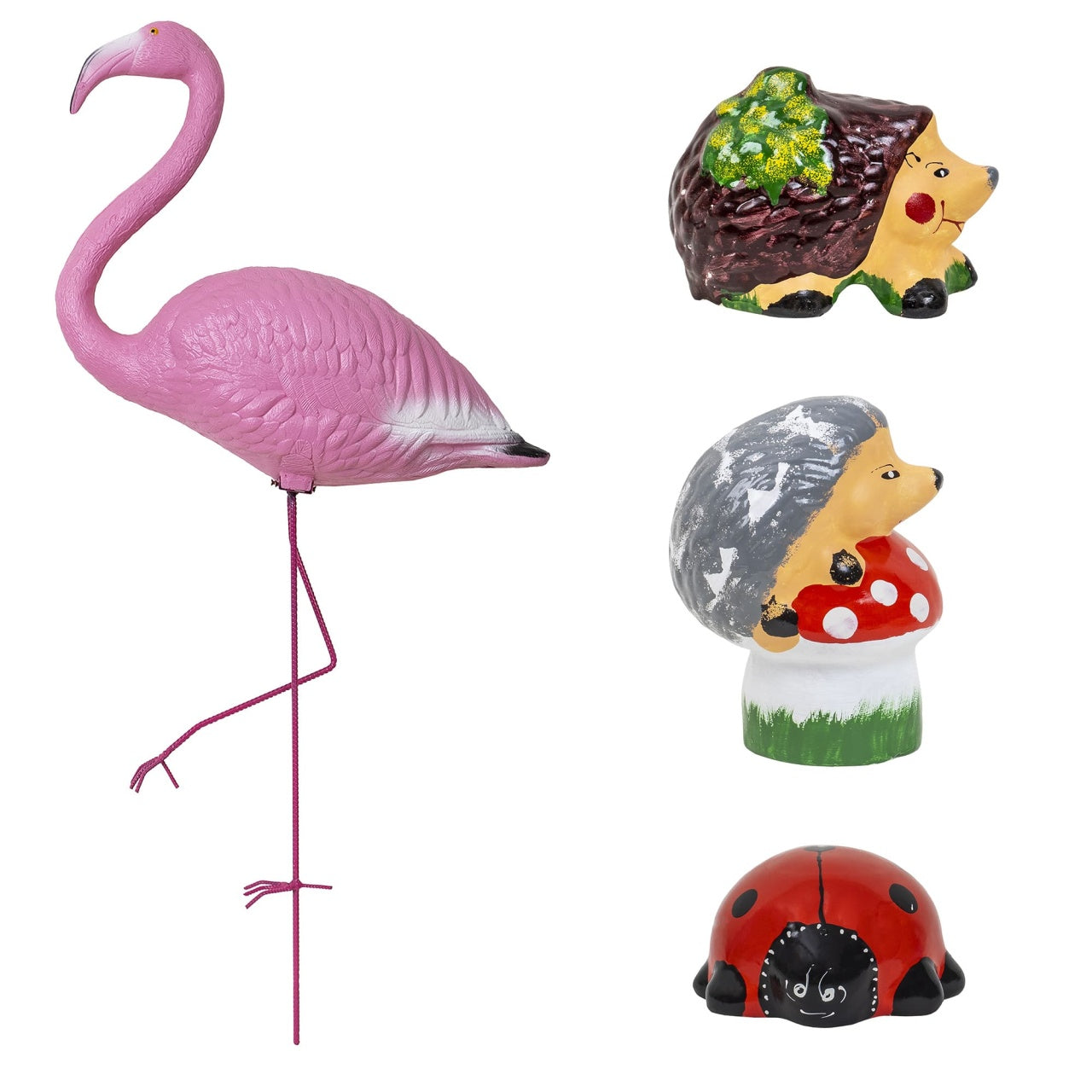 Pachet decor gradina cu flamingo plastic 100 cm, buburuza si doi arici ceramica