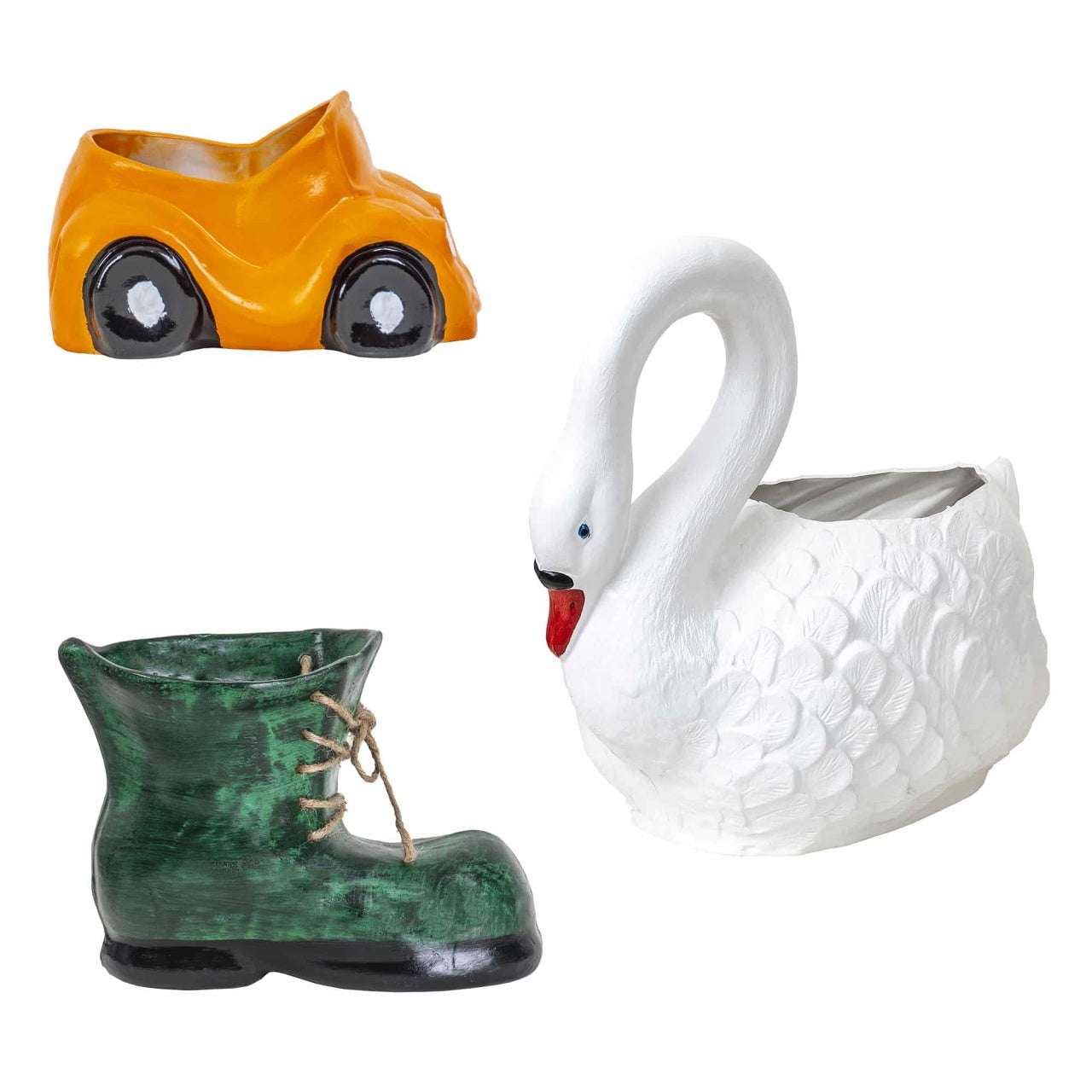 Pachet decor gradina cu lebada, masinuta si bocanc ceramica si plastic