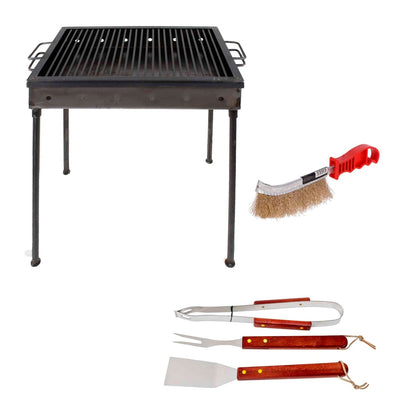 Pachet gratar metalic 60x40 cm cu perie de sarma si set 3 accesorii gratar