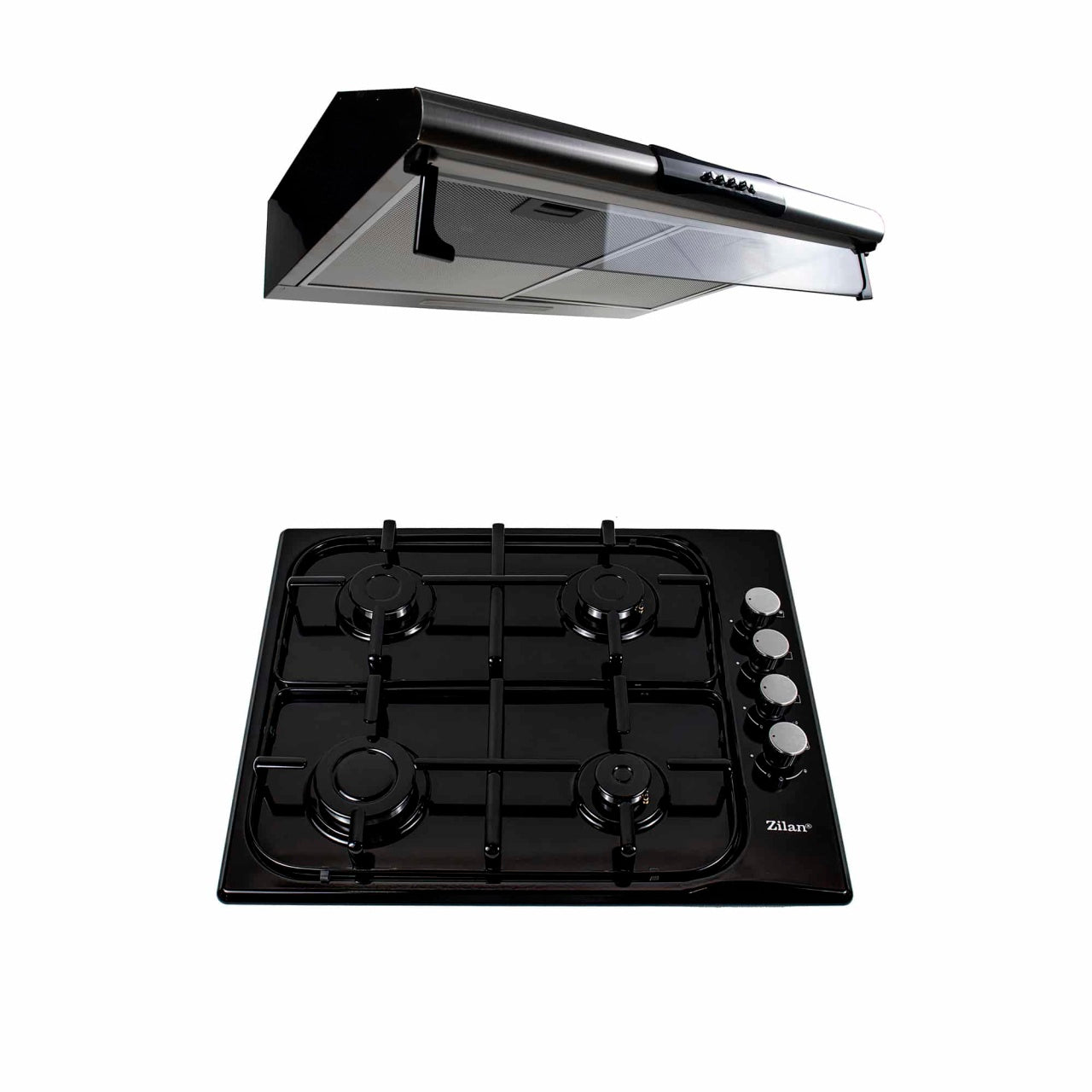 Pachet plita incorporabila gaz 4 arzatoare 50x60 cm cu hota inox 2 motoare 2x95W