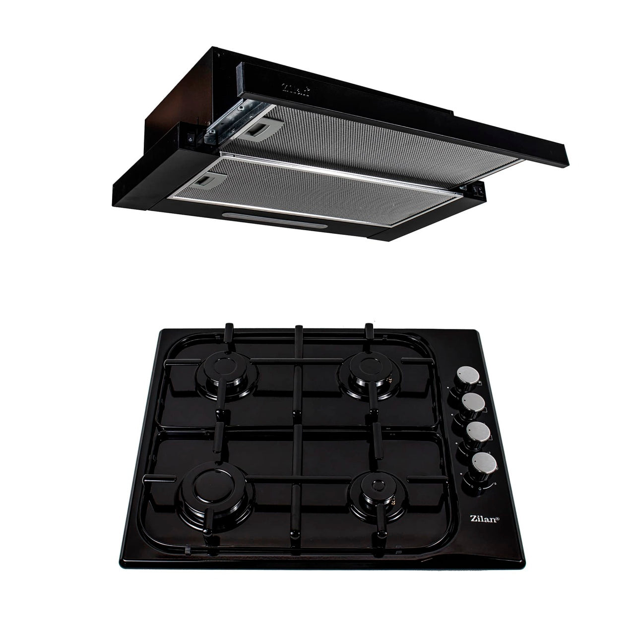 Pachet plita incorporabila gaz 4 arzatoare 50x60 cm cu hota telescopica 2 motoare 190W