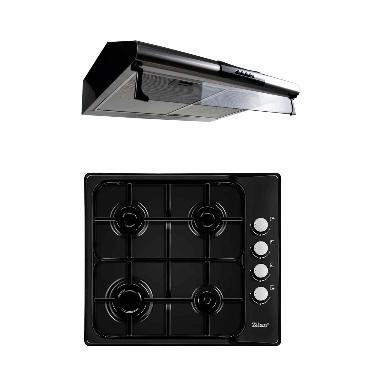 Pachet plita incorporabila gaz 4 arzatoare 50x60 cm si hota inox 2 motoare 190W