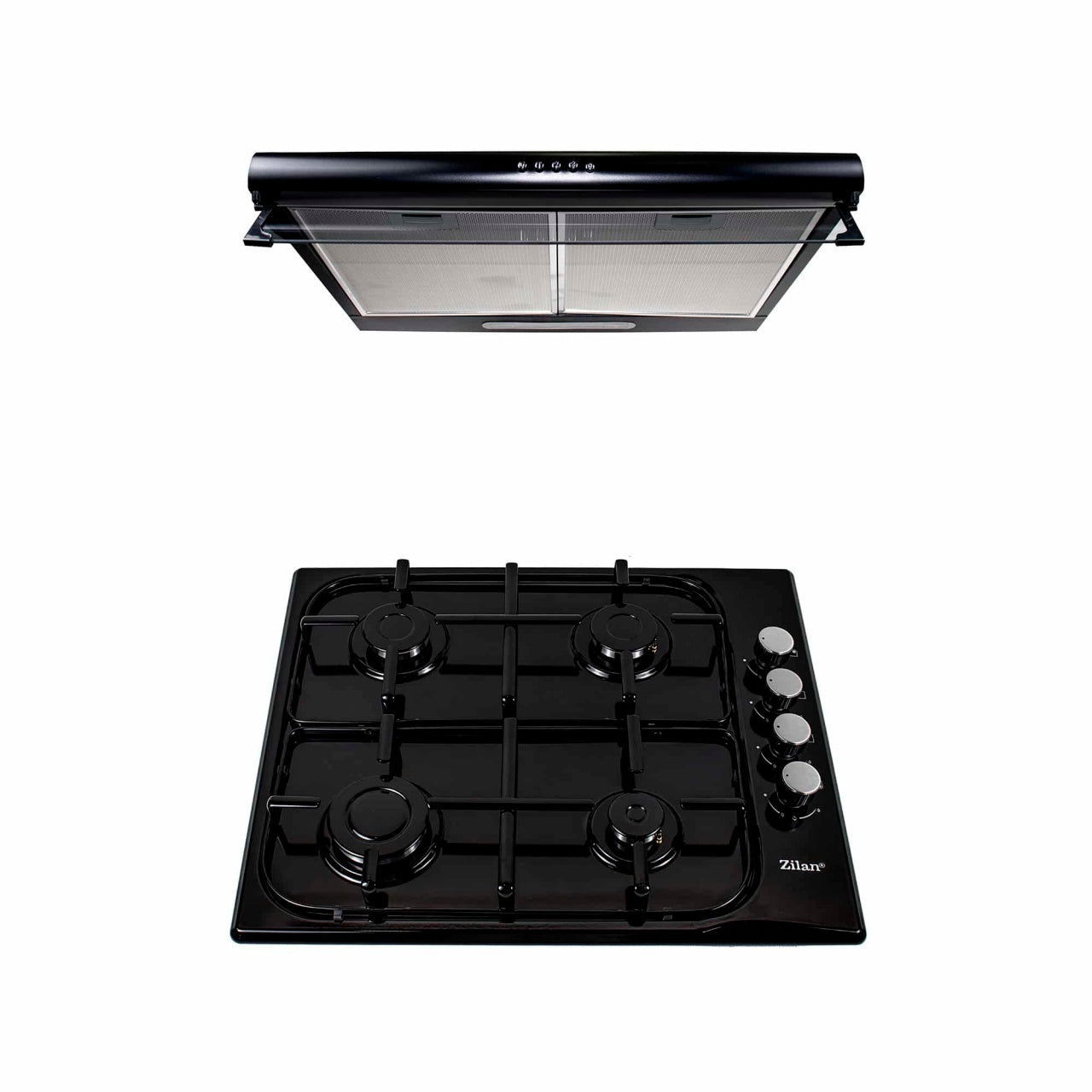 Pachet plita incorporabila gaz 4 arzatoare 50x60 cm si hota perete 2 motoare 190W