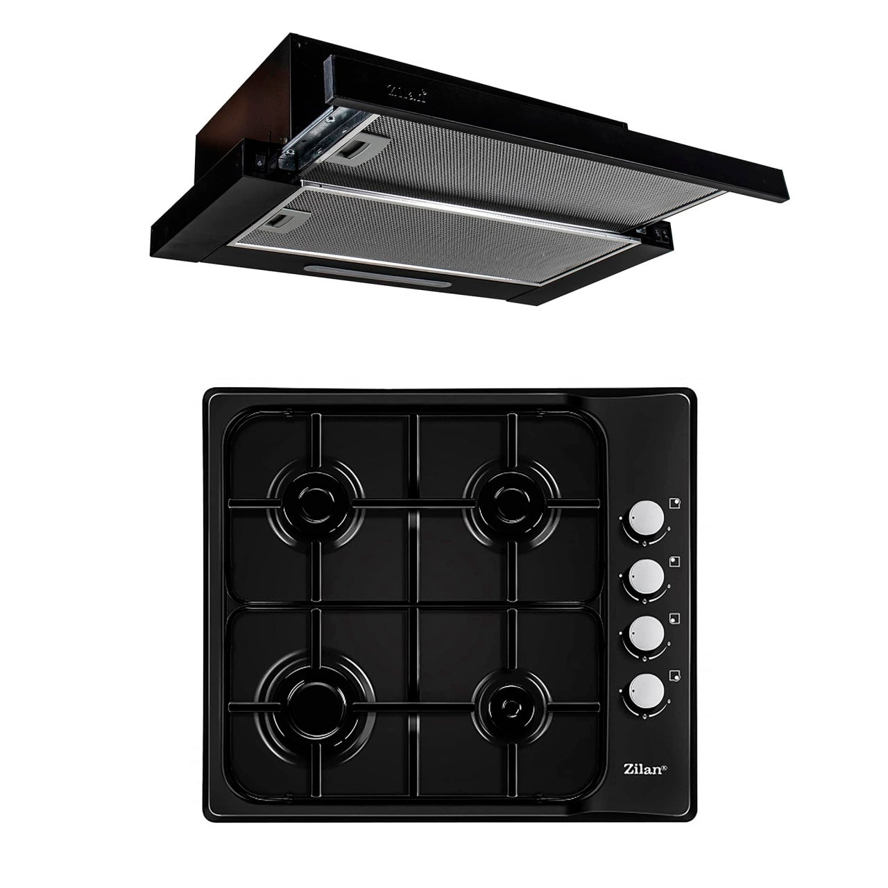 Pachet plita incorporabila gaz 4 arzatoare 50x60 cm si hota telescopica 2 motoare 190W