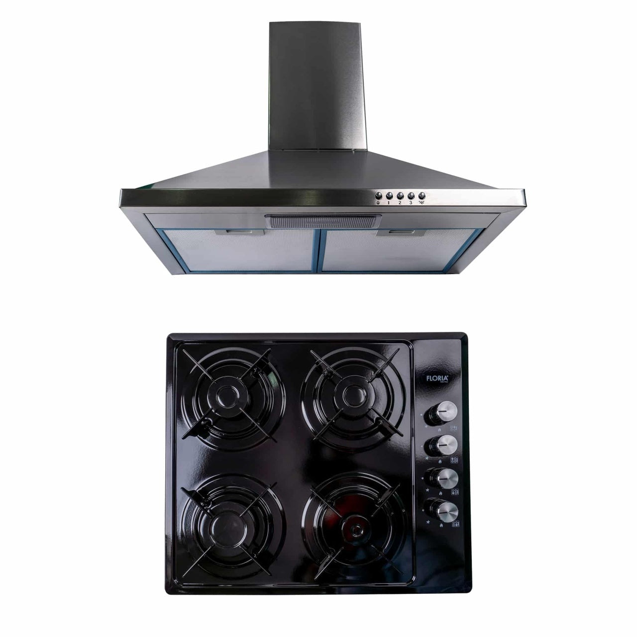 Pachet plita incorporabila gaz 4 arzatoare 60x50 cm + hota decorativa inox 63 cm