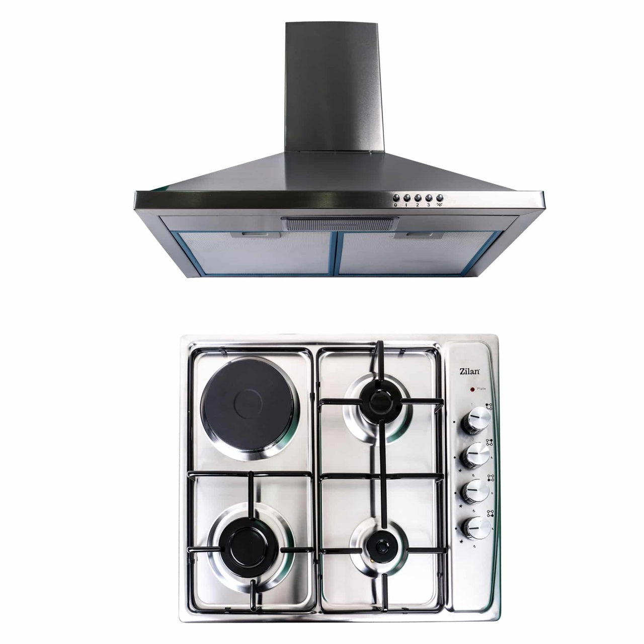 Pachet plita incorporabila gaz cu 4 arzatoare si hota inox decorativa 63 cm