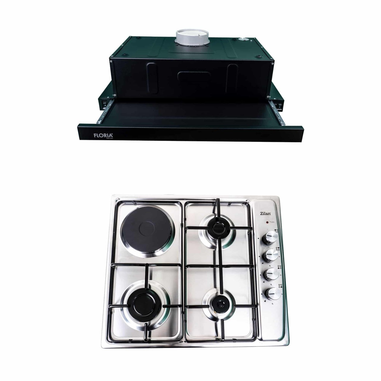Pachet plita incorporabila inox 4 arzatoare 60x50 cm si hota 140W, gaz butelie/natural
