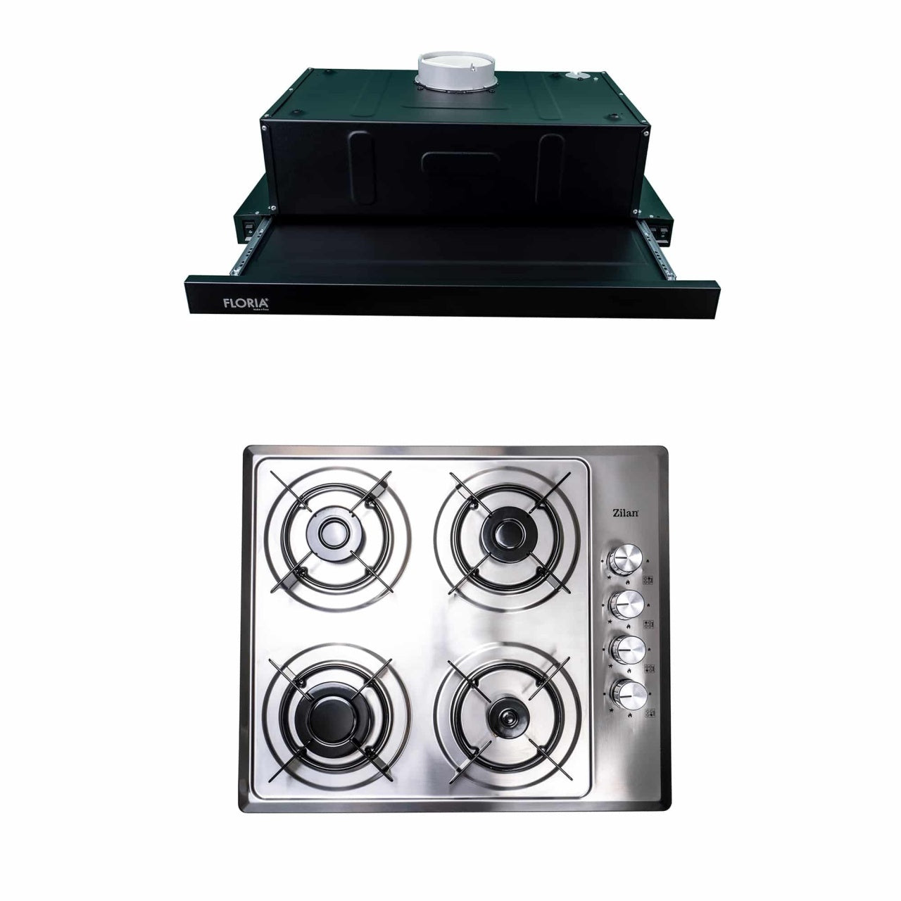 Pachet plita incorporabila inox 4 arzatoare si hota 140W, 60x50 cm, gaz butelie sau natural