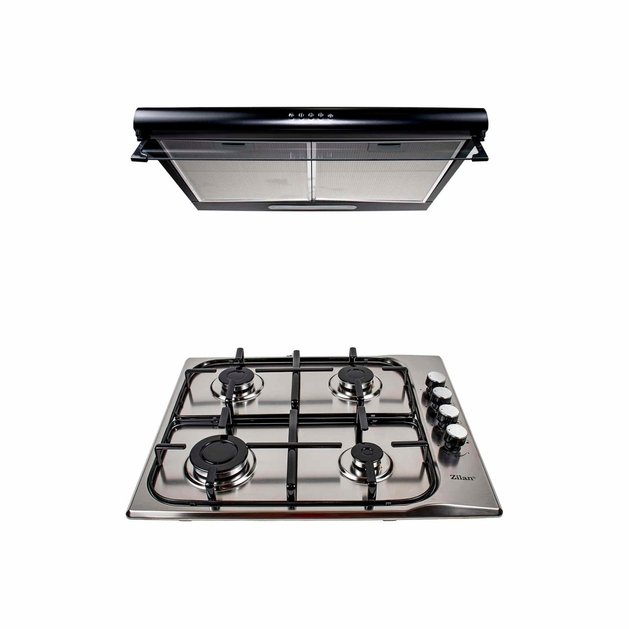 Pachet plita incorporabila inox 50x60 cm, 4 arzatoare, gaz butelie/natural, hota 2 motoare 190W
