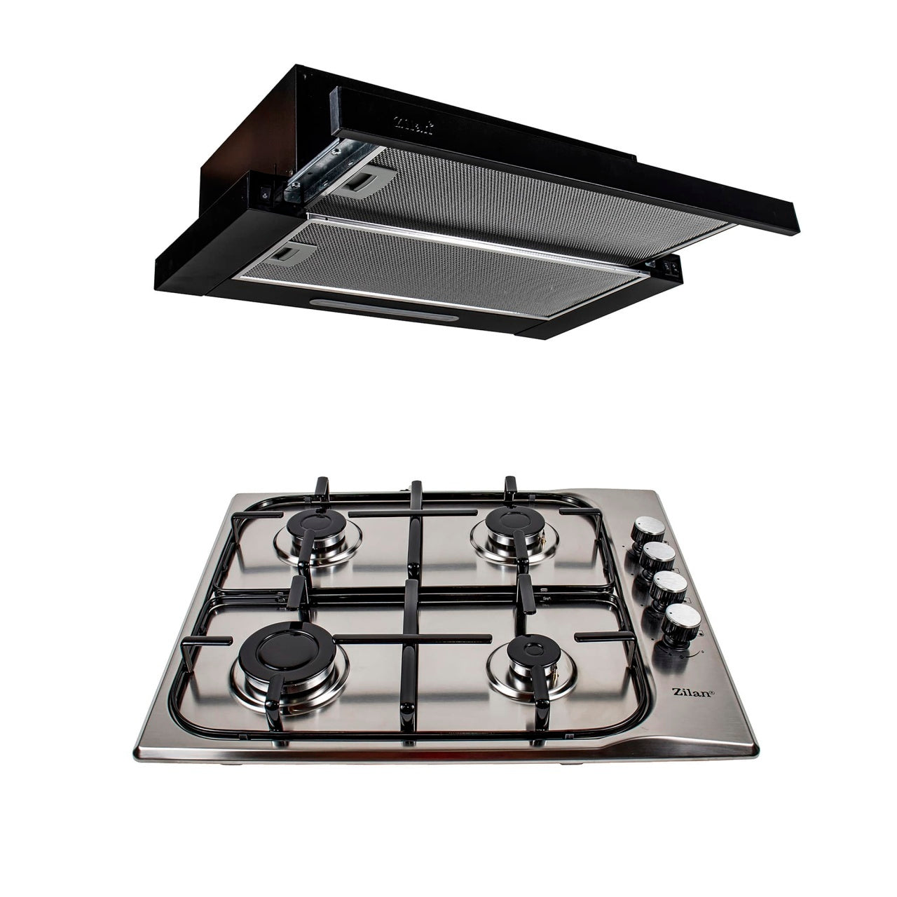 Pachet plita incorporabila inox 50x60 cm cu 4 arzatoare si hota telescopica 2 motoare