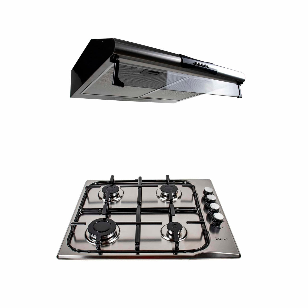 Pachet plita incorporabila inox 50x60 cm gaz + hota perete inox 2 motoare 190W