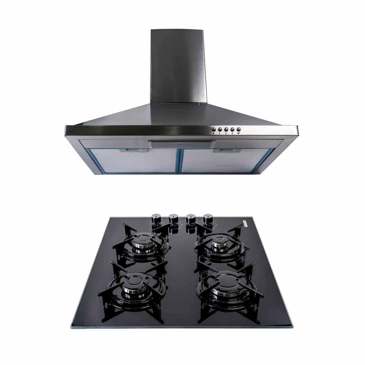 Pachet plita incorporabila sticla 52x60x15 cm cu 4 arzatoare si hota decorativa inox 63 cm