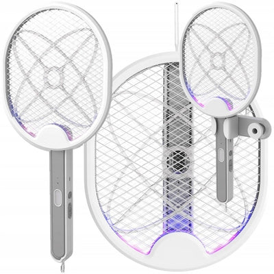 Paleta anti-insecte, electrica, cu maner reglabil, reincarcabila, cu suport pentru pozitionare, alb