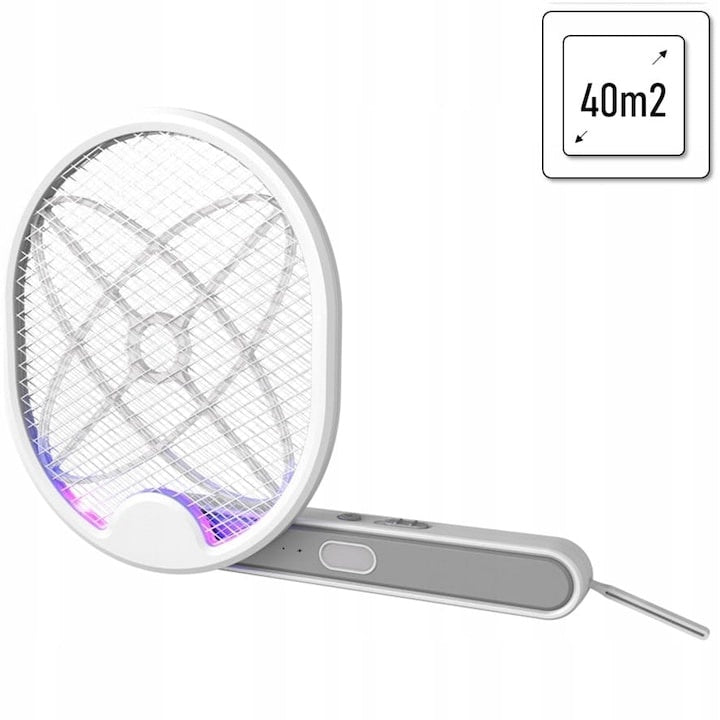 Paleta anti-insecte, electrica, cu maner reglabil, reincarcabila, cu suport pentru pozitionare, alb