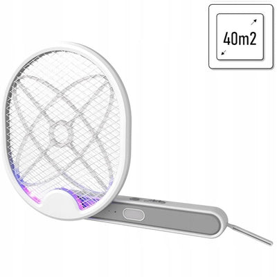 Paleta anti-insecte, electrica, cu maner reglabil, reincarcabila, cu suport pentru pozitionare, alb