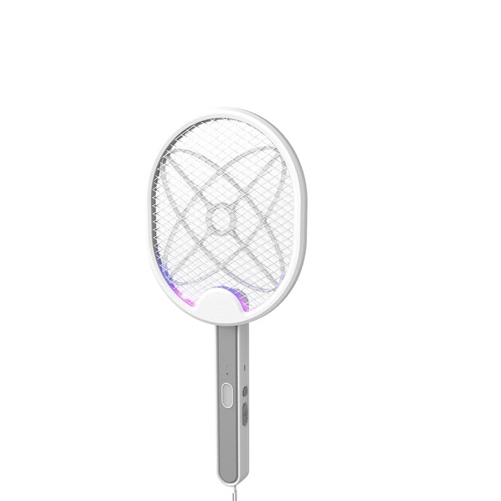 Paleta anti-insecte, electrica, cu maner reglabil, reincarcabila, cu suport pentru pozitionare, alb