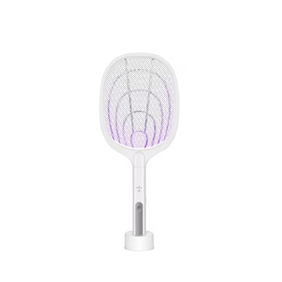 Paleta electrica anti-insecte, cu stand de incarcare, buton on/off, din ABS, cu cablu USB, alb