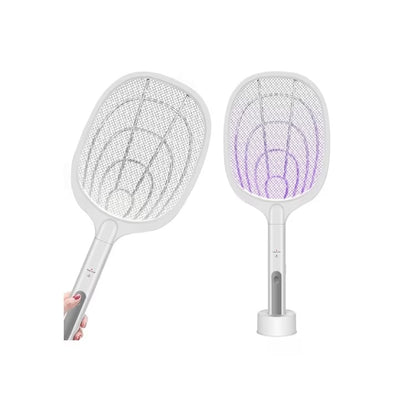 Paleta electrica anti-insecte, cu stand de incarcare, buton on/off, din ABS, cu cablu USB, alb