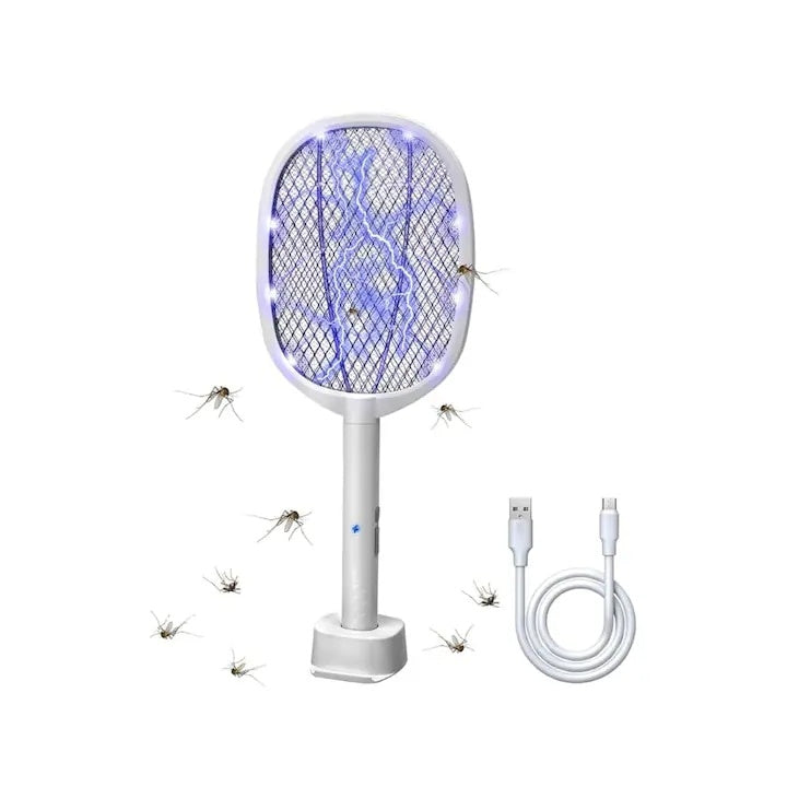 Paleta electrica anti-insecte, cu stand de incarcare, buton on/off, din ABS, cu cablu USB, alb