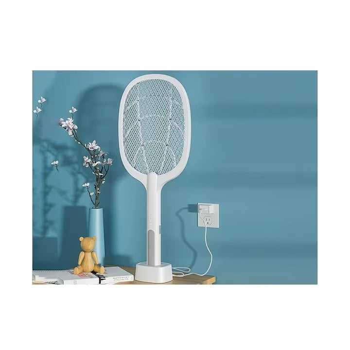 Paleta electrica anti-insecte, cu stand de incarcare, buton on/off, din ABS, cu cablu USB, alb