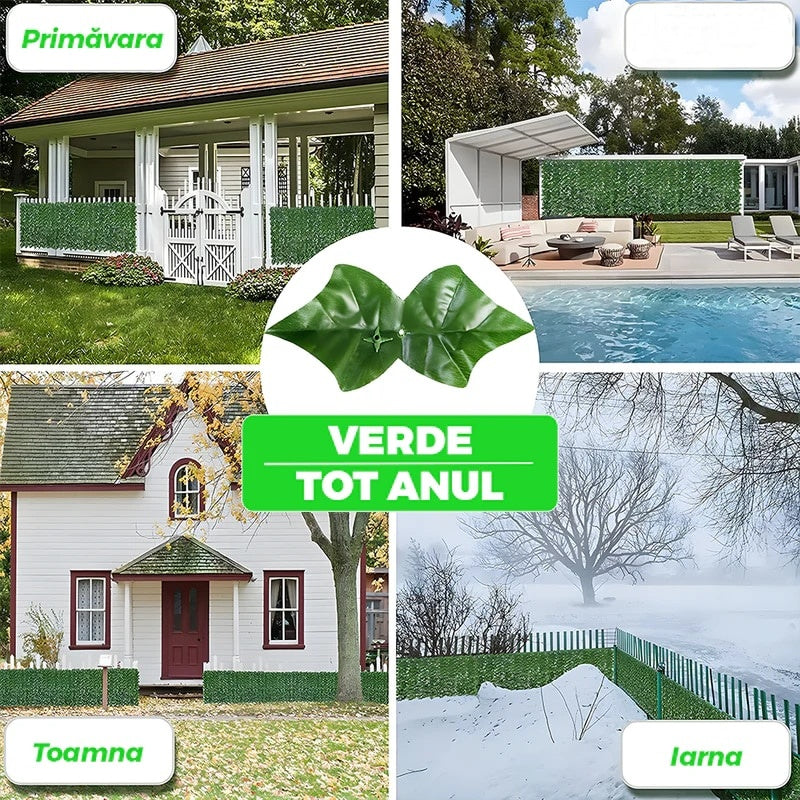Panou verde pentru gard, artificial, cu frunze, dimensiuni 300x100cm, pentru inchidere balcon, terasa sau alte spatii, din materiale rezistente, usor de cuatat, montare rapida, verde