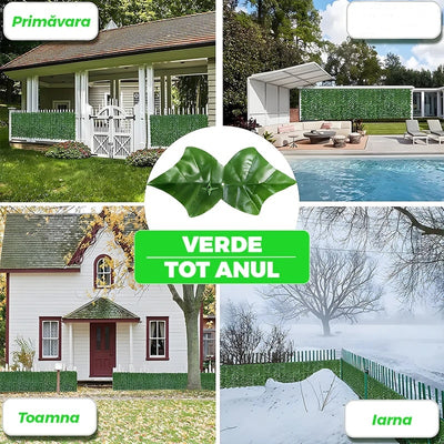 Panou verde pentru gard, artificial, cu frunze, dimensiuni 300x100cm, pentru inchidere balcon, terasa sau alte spatii, din materiale rezistente, usor de cuatat, montare rapida, verde