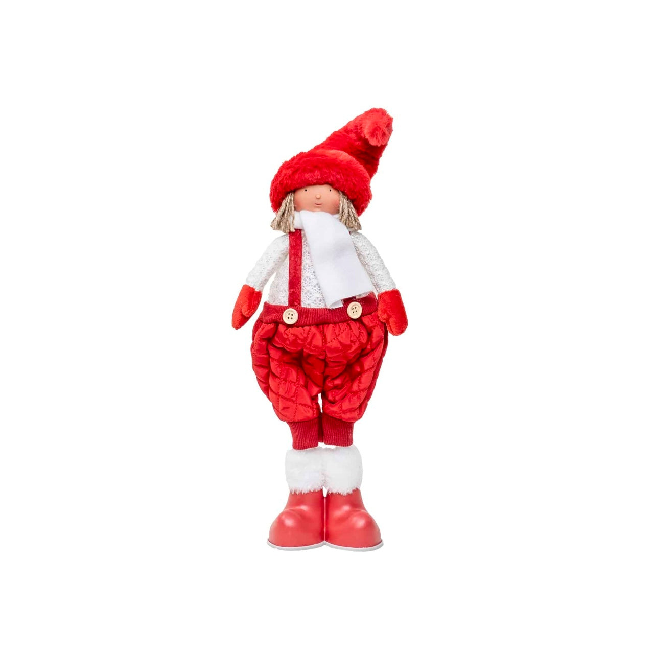 Papusa cu caciula si fular din blanita, 40 cm, culoare rosie