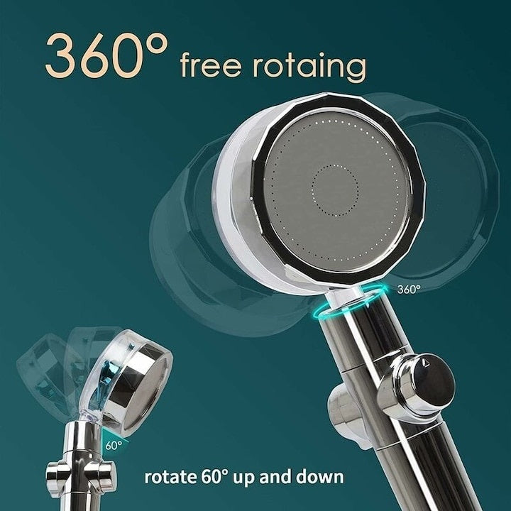 Para cap de dus cu elice, de mare presiune, cu filtru de purificare a apei, rotatie 360°, buton ON/OFF, din metal, argintiu