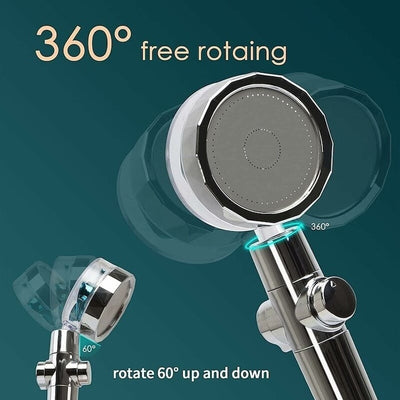 Para cap de dus cu elice, de mare presiune, cu filtru de purificare a apei, rotatie 360°, buton ON/OFF, din metal, argintiu