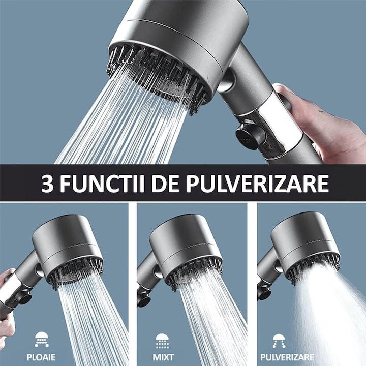 Para de dus, cu peri din silicon, 3 functii, din metal si plastic, 3 moduri de stropire, buton ON/OFF, gri
