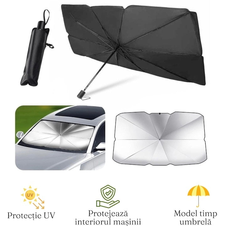 Parasolar auto tip umbrela, pliabil, protectie UV, acoperire extinsa, dimensiuni 130x75 cm, termoizolant, negru/argintiu