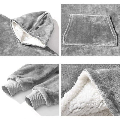 Patura cu maneci, tip hanorac lung, marime universala, din fleece captusit cu blana, cu buzunare, mansete si gluga, gri