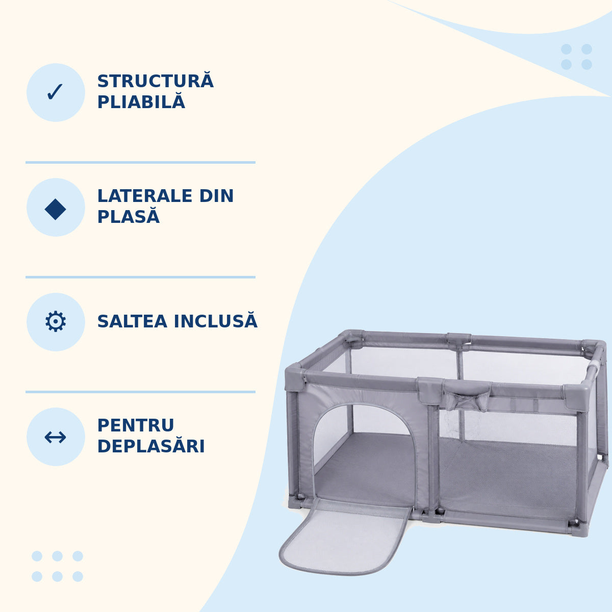 Pătuț Pliabil pentru Bebeluși cu Plasă și Saltea, Gri – caracteristici