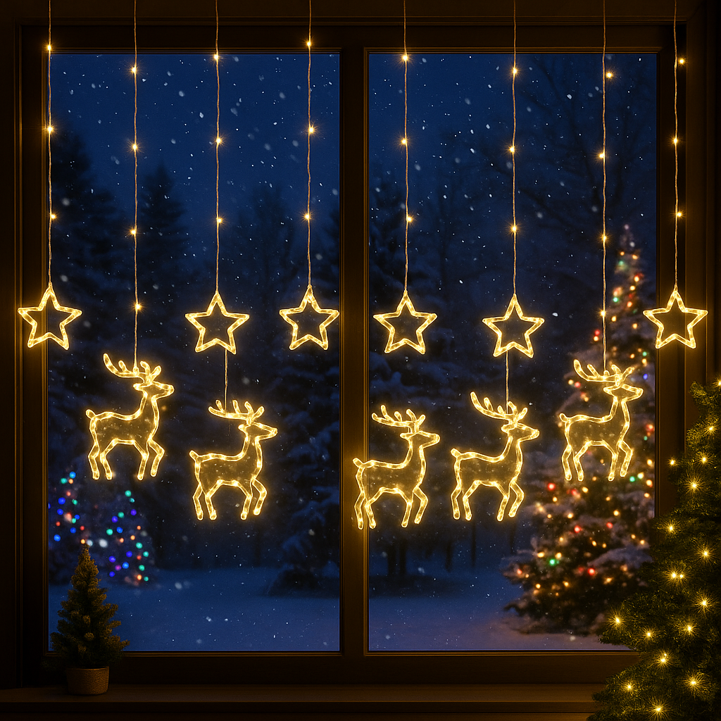 Instalație luminoasă LED cu reni și steluțe, 4 m – imagine 2